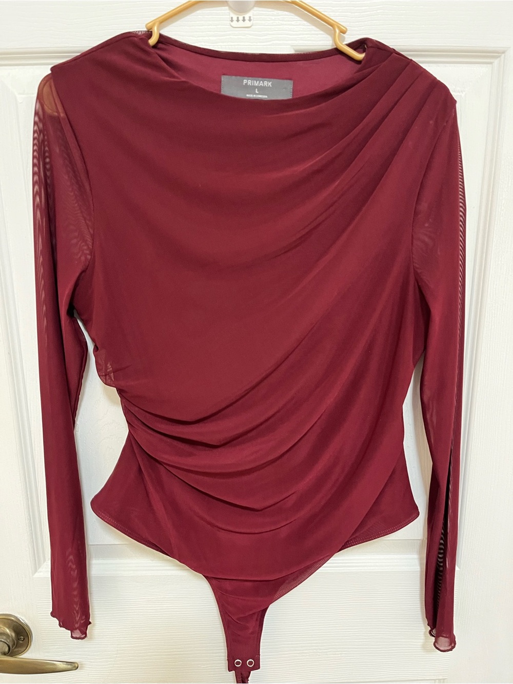 Primark Women's Burgundy Draped Mesh-Sleeve Bodysuit